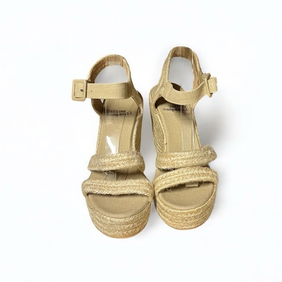 🌻NEW NWOT Jeffrey Campbell "Soffia" Beige 2 Platform Open Wedge Espadrilles 41 - Picture 6 of 10